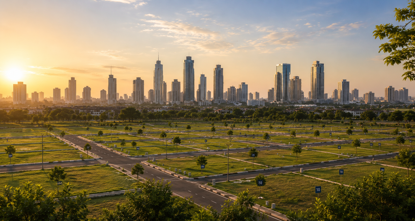 Confident buyer standing on open plot land in Delhi NCR, golden hour